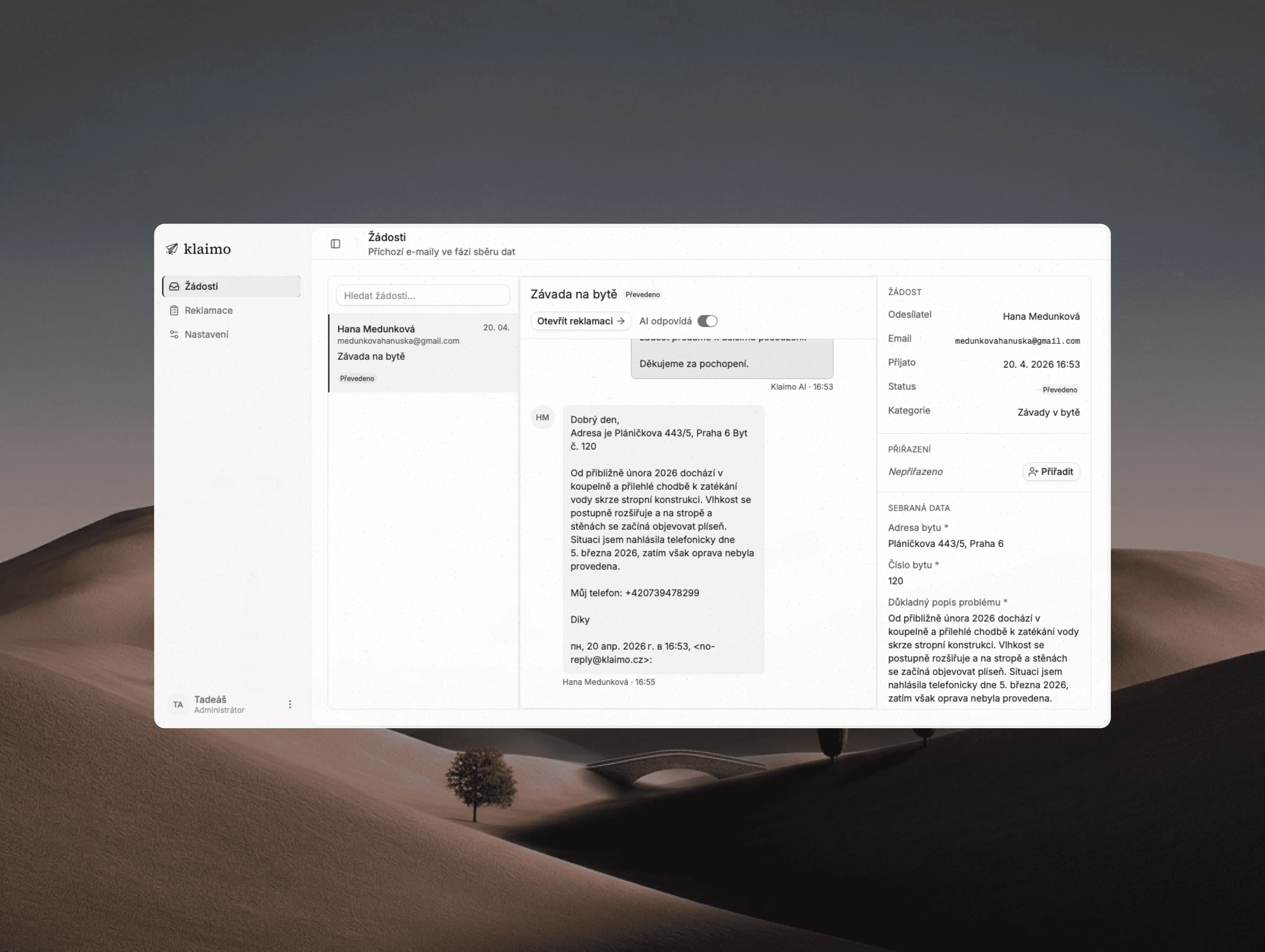 Klaimo — AI agent pro správu a třídění reklamací